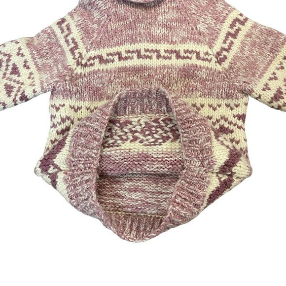 Vintage Cowichan Burgundy Cream Cowl Neck 1/4 Zip Handmade Sweater Kangaroo Pckt - Picture 8 of 12